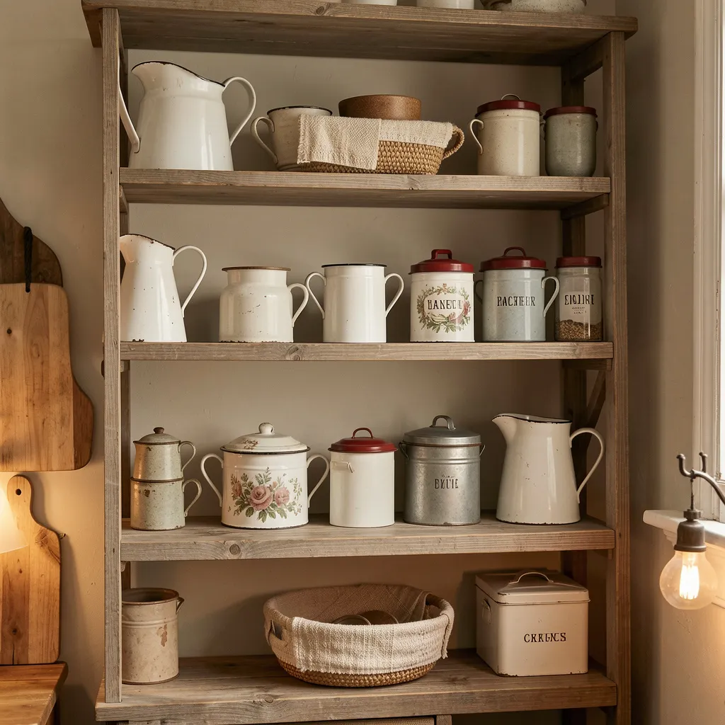 Vintage dinnerware on shelf